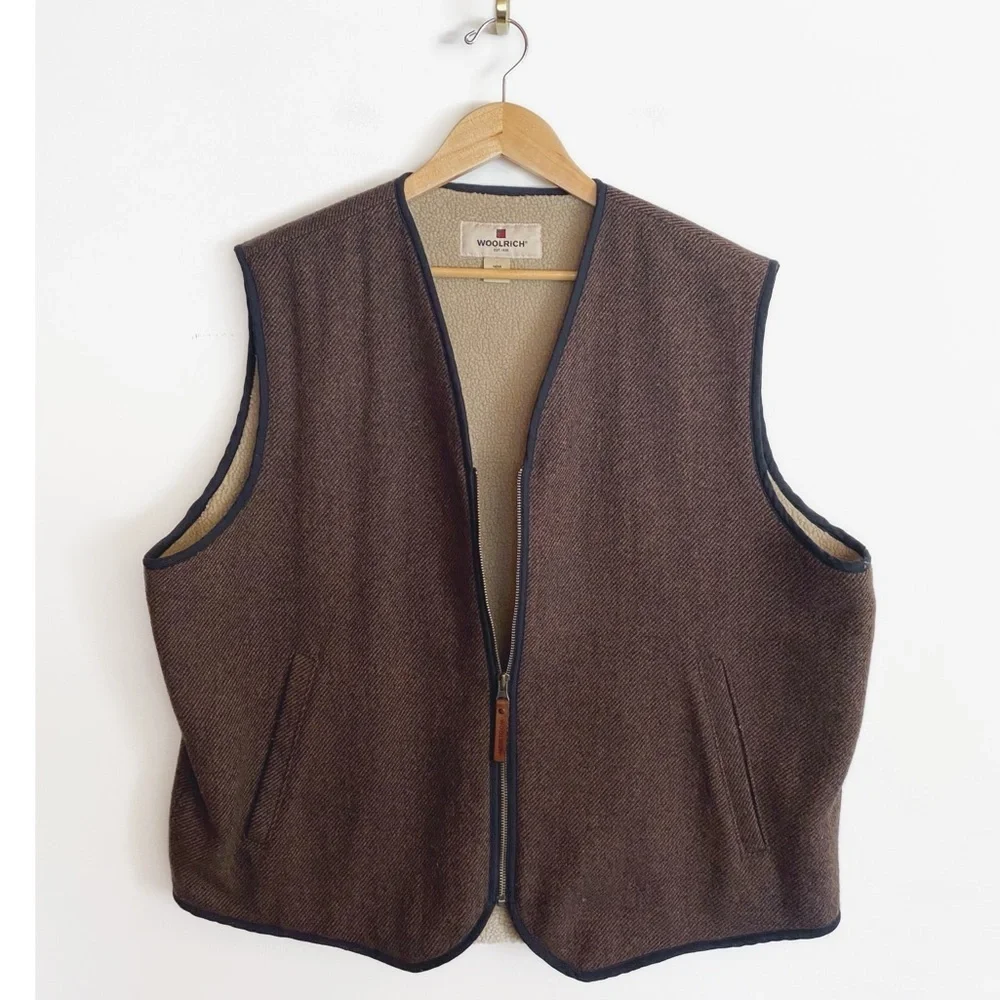 WOOLRICH Loden Sherpa Lined Wool blend Vest Full Zip Buckskin Mens size XL